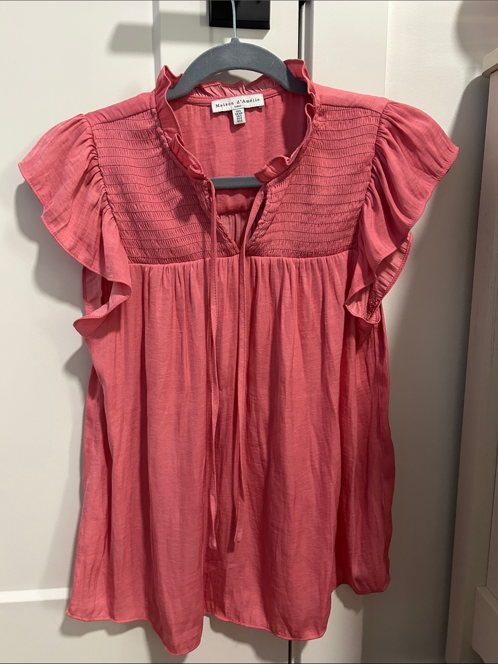 Smocked Yoke Tie-Front Flutter Sleeve Blouse in Coral